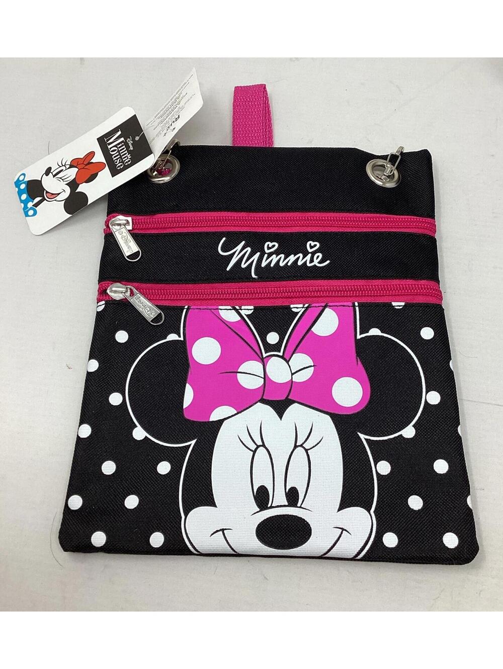 New Disney Minnie Mouse Cross Body Black with White Polka Dot Hot Pink Trim
